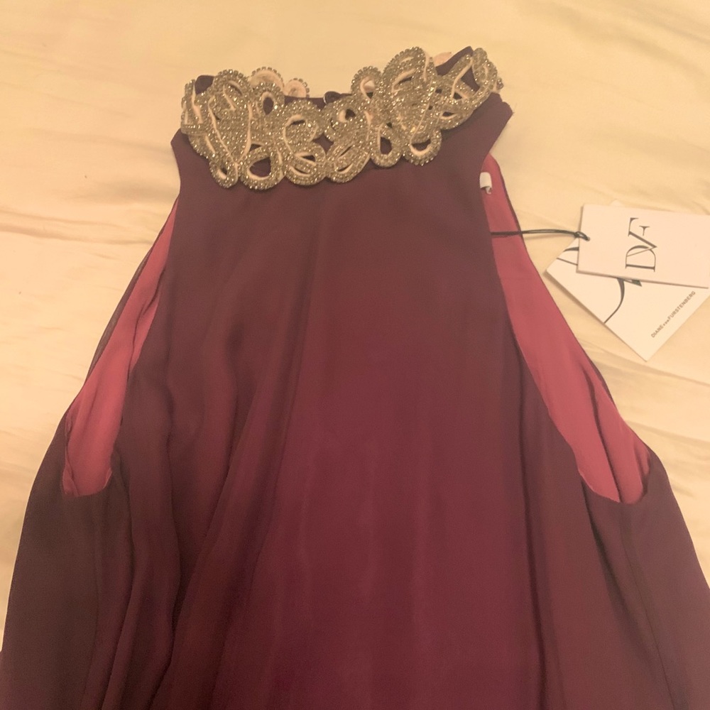 DVF floor length sleeveless purple jeweled gown